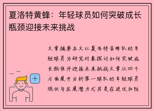 夏洛特黄蜂:年轻球员如何突破成长瓶颈迎接未来挑战 夏洛特黄蜂:年轻球员如何突破成长瓶颈迎接未来挑战